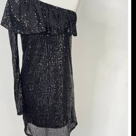 Nasty Gal Black Sequin One-Shoulder Mini Dress – NWT, Size L - Picture 4 of 7